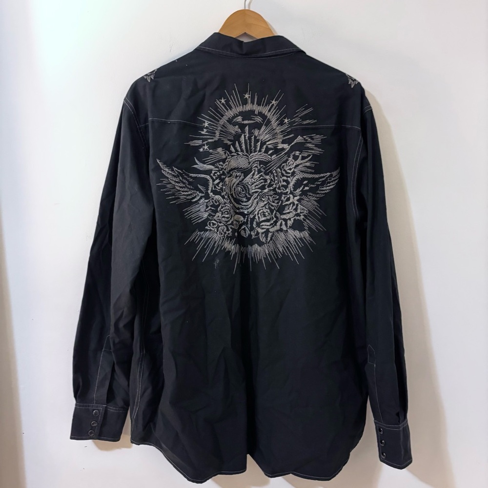 Lucky Brand Western Shirt XL Black Embroidered Roses Sunburst Rockabilly Cowboy